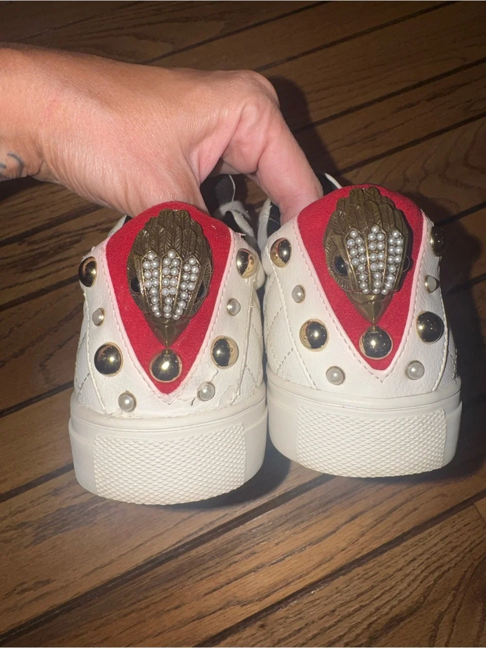 Kurt Geiger Quilted White Lace-Up Sneakers with Red Heel Tab